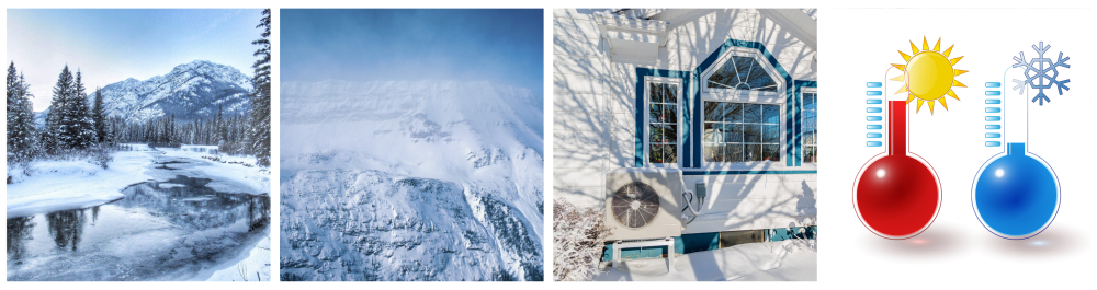 Beautiful Bow Valley in Banff, Alberta, covered in snow. Snow-covered mountains in Alberta, Canada. Heat pump unit on the side of a home in winter. Red and blue thermometers with a hot sun and cold snowflake, illustrating the dual benefits of heating and cooling in one heat pump.