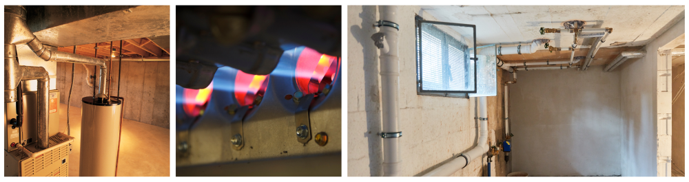 Gas furnace and air conditioning unit for hot water heating system. Close-up of a gas-powered heating furnace in operation. A damp boiler room being ventilated through a cellar window after a pipe burst and subsequent renovation.