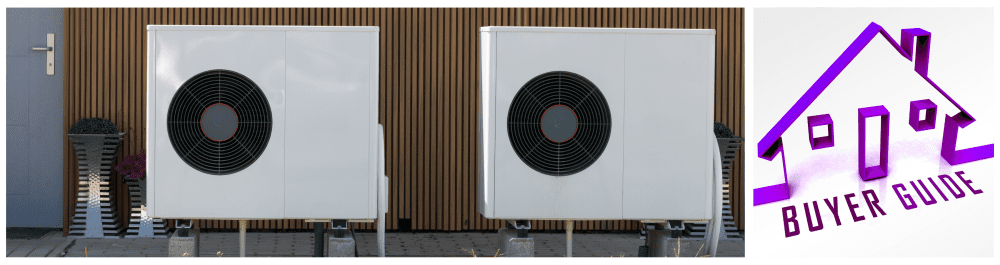A renewable energy concept featuring air source heat pumps installed in front of a house, highlighting their efficiency and eco-friendly benefits.A graphic of a house model with the headline "Buyer’s Guide" emphasizes the growing popularity of heat pumps across Alberta. Action Furnace Home Comfort Advisors are available to guide homeowners in selecting the best options for their needs.