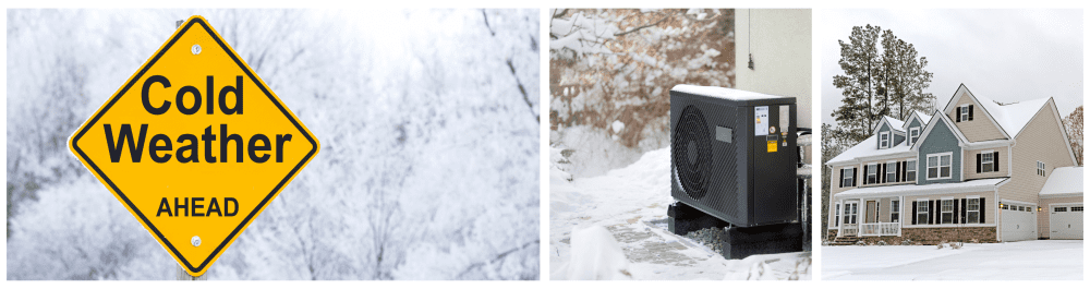 A road warning sign reads "Cold Weather Ahead," highlighting that heat pumps are designed to perform efficiently in extreme temperatures.An air source heat pump unit operates outside a home in winter, showcasing its affordability and widespread availability. A large home in winter demonstrates the suitability of ducted heat pump units for maintaining comfort in spacious properties.