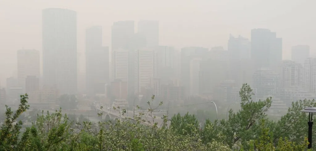 View of downtown Calgary during wildfire season.