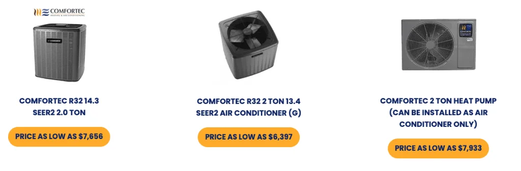 Air Conditioner equipment options with starting at prices.