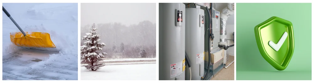 Clearing snow from a driveway after a heavy winter storm in Alberta, highlighting the strain on furnaces during harsh winters, making extended warranties valuable to prevent unexpected breakdowns. Heavy snowstorm in Alberta, emphasizing the importance of furnace reliability during long, cold seasons.Residential water heaters and furnaces in the basement, where extended warranties can help offset repair costs due to frequent use.3D green shield with a checkmark, symbolizing warranty protection and the long-term cost benefits of investing in extended furnace warranties.