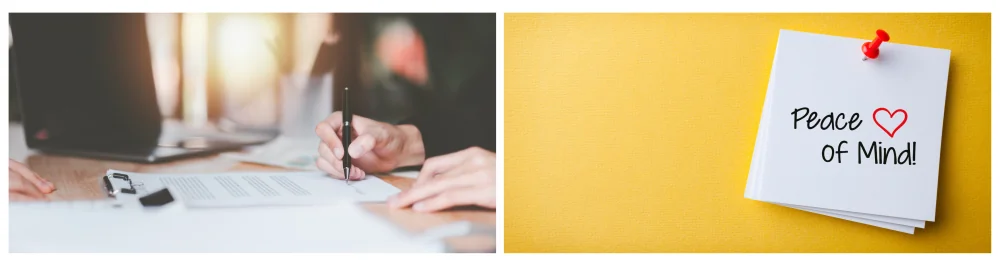 Man reviewing contract documents and agreements, representing the concept of a home warranty covering various home systems, including HVAC, but offering more limited furnace protection compared to manufacturer or extended warranties.White sticky note with "Peace of Mind" attached by a red push pin on a yellow background, symbolizing the reassurance that warranties provide, despite potential limitations in coverage for full furnace replacements.