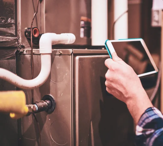 A home inspector reviews a furnace, highlighting the importance of knowing your warranty for reliable heating, especially in Alberta's cold climate.